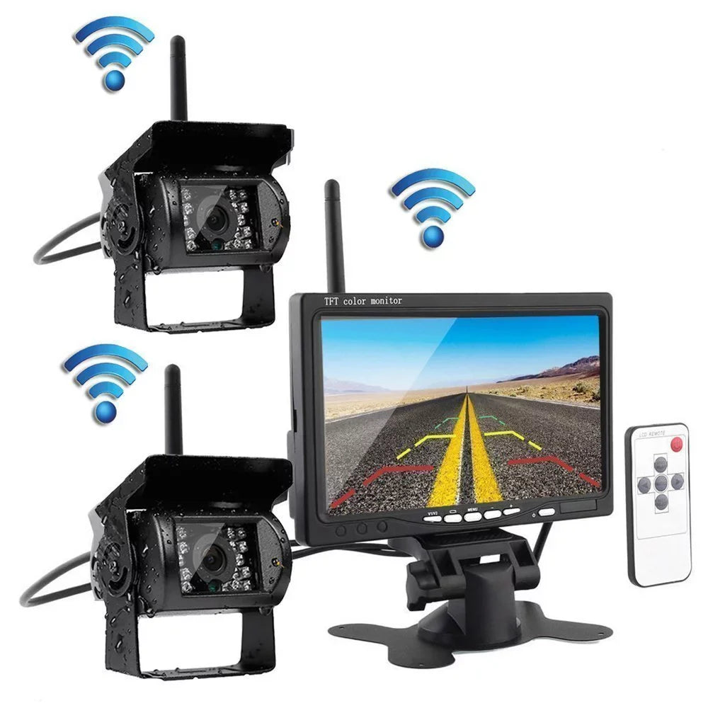 with Truck 7" Wireless Night Backup Rear Monitor Trailer Assistance Camera Bus for Vision Waterproof Cameras RV Dual Parking View