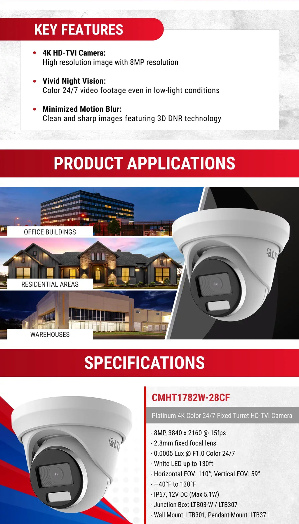Camera WDR Full HD-TVI LTCMHT1782W-28CF 2.8mm Turret LTS 131ft Color LED 247 CMHT1782W-28CF 8MP/4K