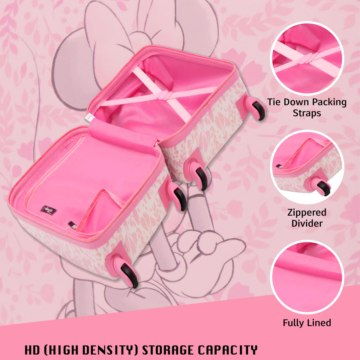 On Wheels, Floral 21 Pink Kids Disney Rolling - Carry Suitcase Minnie with Mouse Hardshell Inch Luggage,