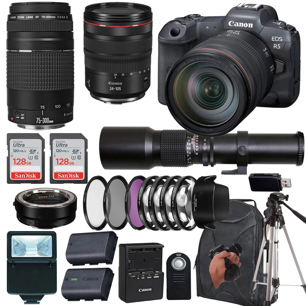 Lens+case+256Memory Telephoto III with Mirrorless f/4L f/4 Camera (24PC) IS USM Lens+500mm R5 EOS f/8 L RF EF Cards Lens+ Preset Canon 75-300mm Canon 24-105mm