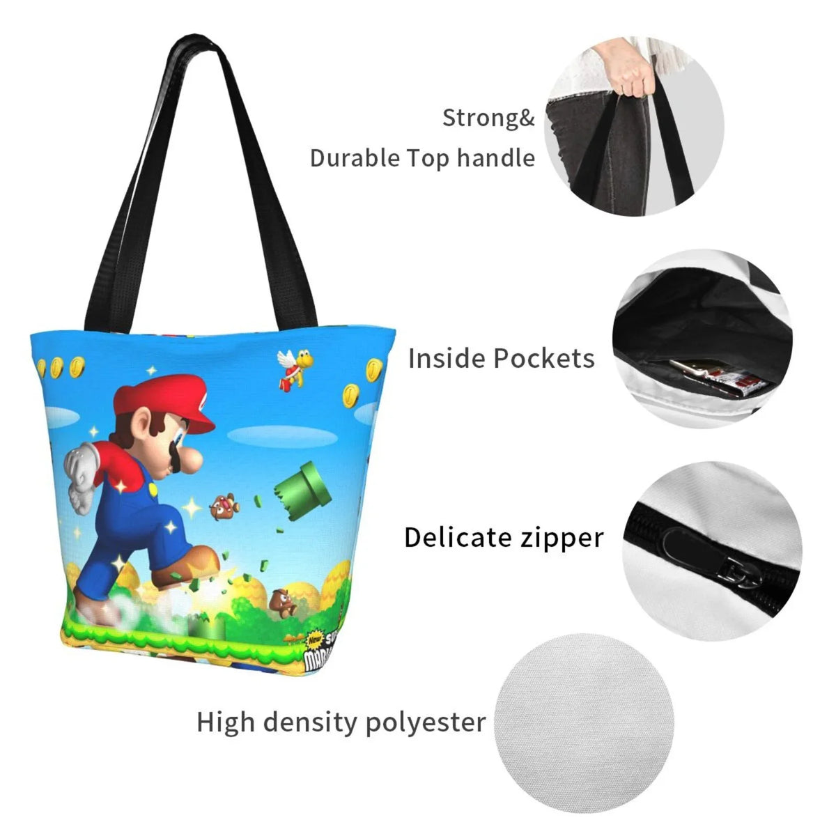 Women's Shopping Shoulder Bag Animated Mario Work Handbag Beach Business Capacity Large School Tote Super Travel For
