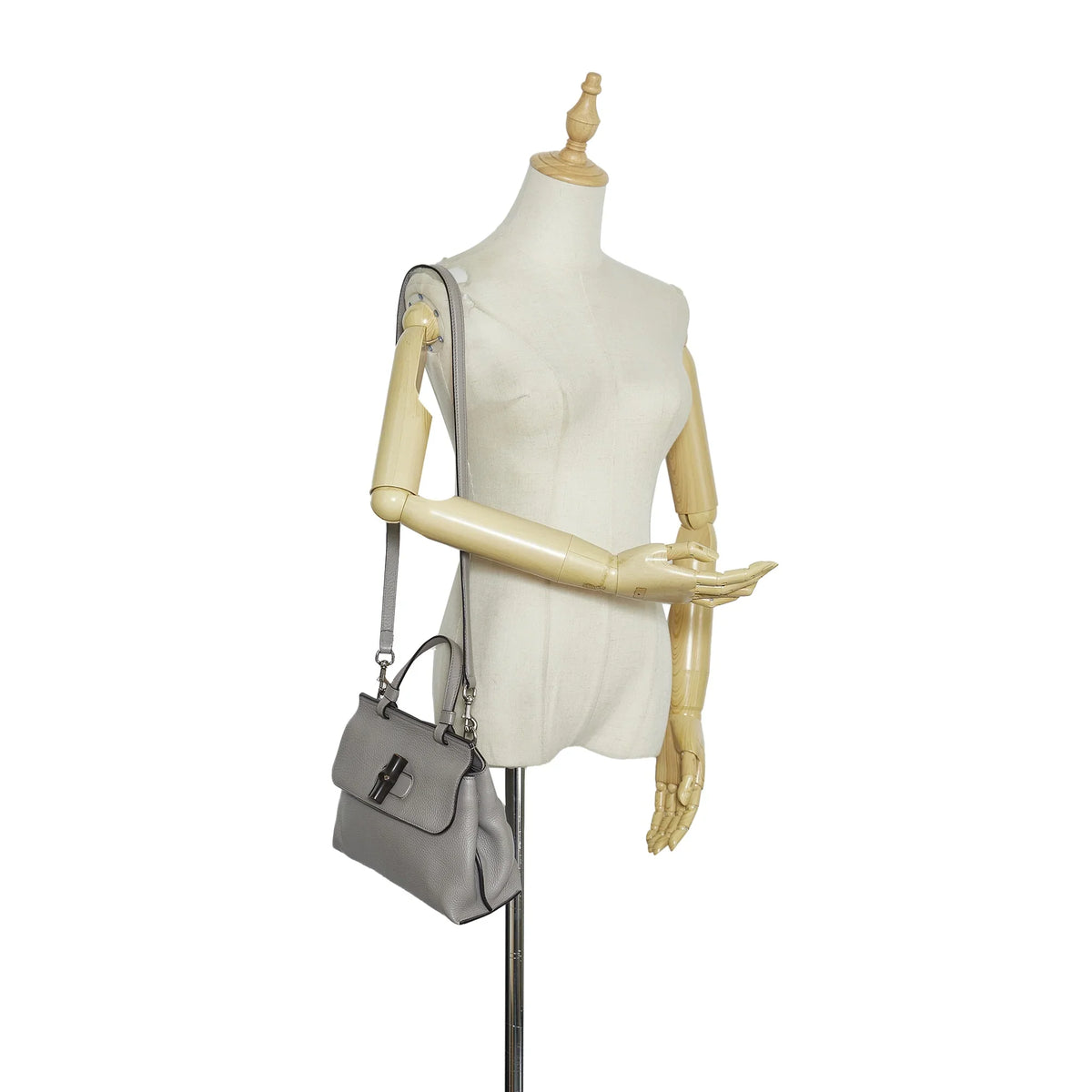 Calf (Good) Authenticated Bamboo Medium Unisex Gray Pre-Owned Leather Daily Satchel