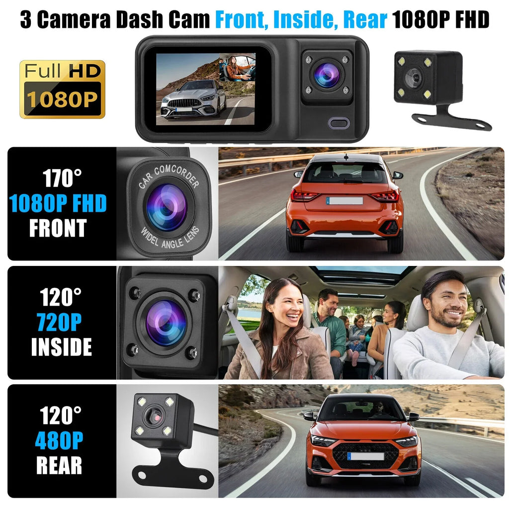 Channel Camera HD Lens 1080P Dual 2" G-sensor Car Dash 170° Video Recorder 3 Cam