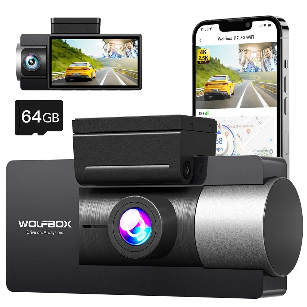 Super LCD Night Dash Vision, Built-in GPS, and UHD Dash IR with Dash Front 64GB Camera Camera 4K Cam 5G Dual Rear, 3" Vehicle Cam Car WiFi 4K+2.5K WOLFBOX Card, with