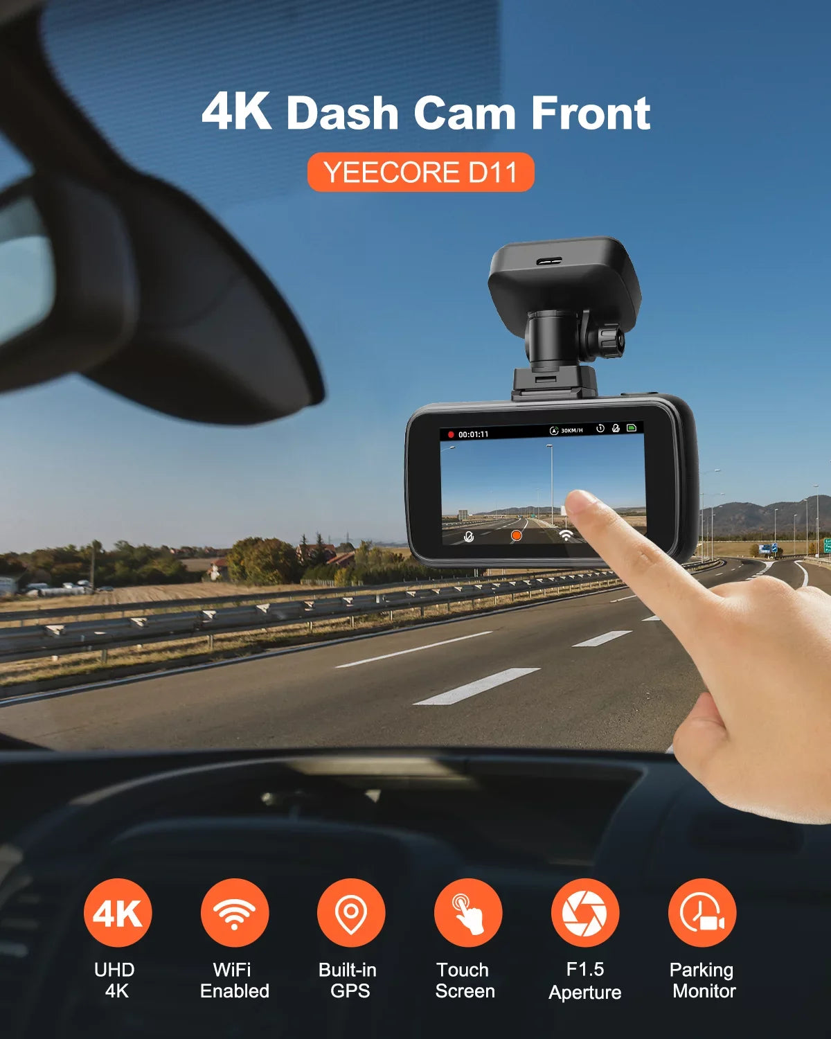 WiFi G-Sensor, Dash Camera for Mini Vision, 4K Cam, Support Recording, YEECORE Inch, UHD GPS, Car Loop 2.45 Dash 2160P Super Touch with Camera Screen Monitor, 256GB Night Parking HDR, Cars Max Front,