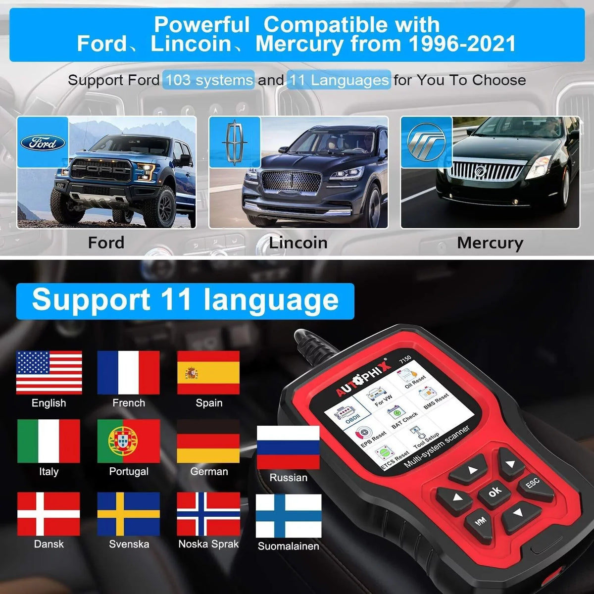 All Reset for AUTOPHIX 7150 Diagnostic OBD2 TPMS Code Systems Battery Automotive Reader ABS Scanner Scanner