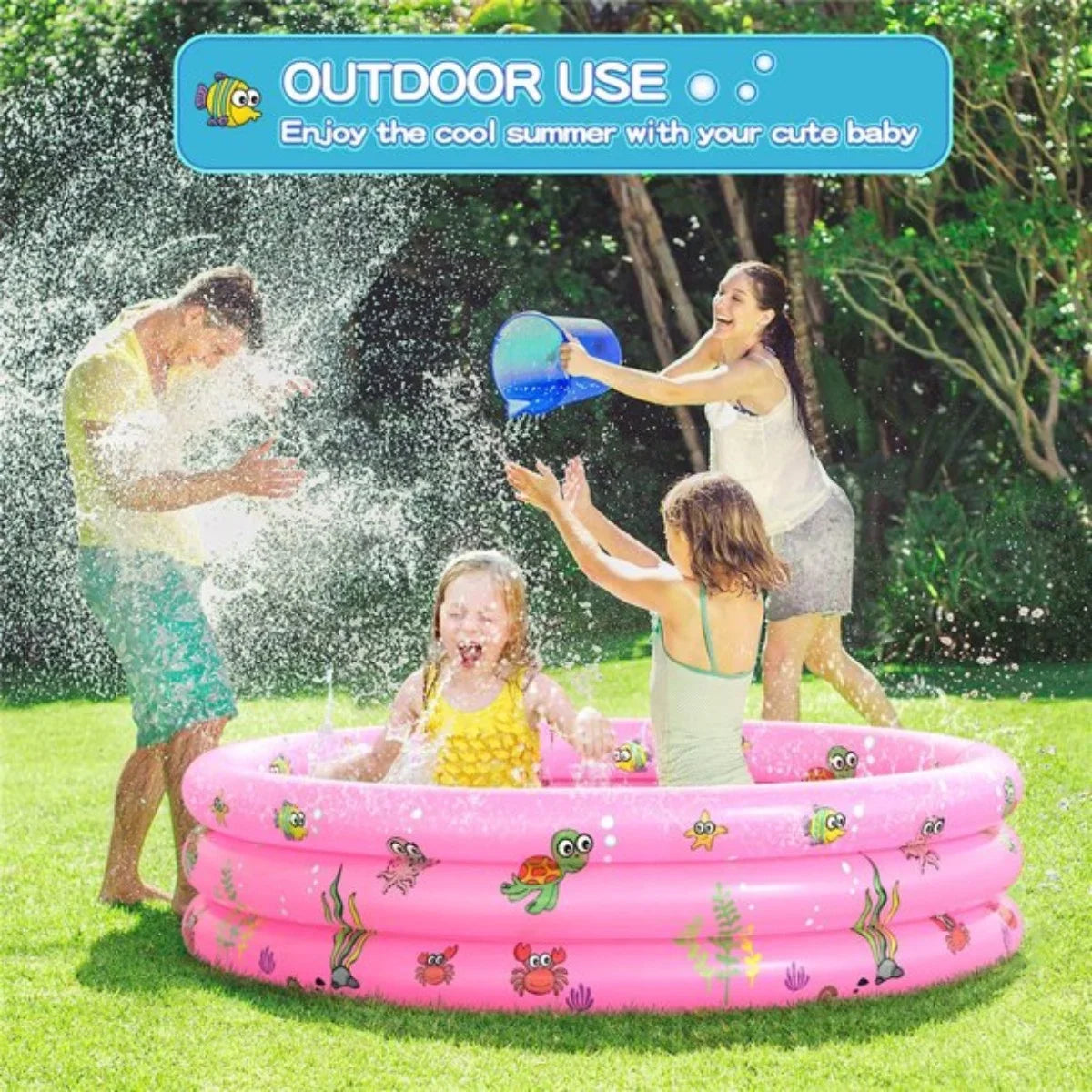 Babies for PVC Rings Pool Round for Pool,Swimming Baby Kids,Toddler Family 51"x13" Blow 3 Outside Inflatable Padding Up Pool (Pink)