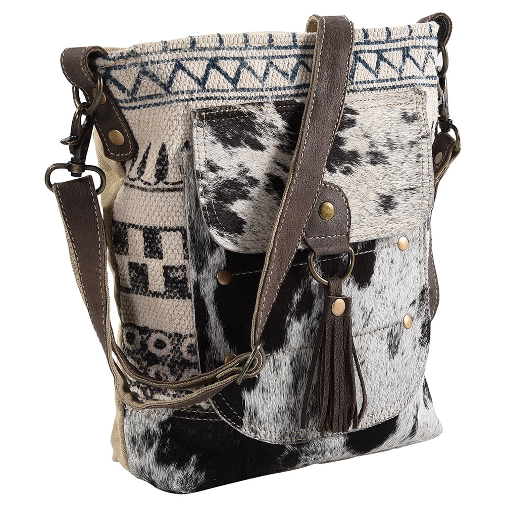 MESSENGER Genuine KB Canvas OHLAY western Upcycled handbag Wool Leather bag Upcycled women Hair-on purse