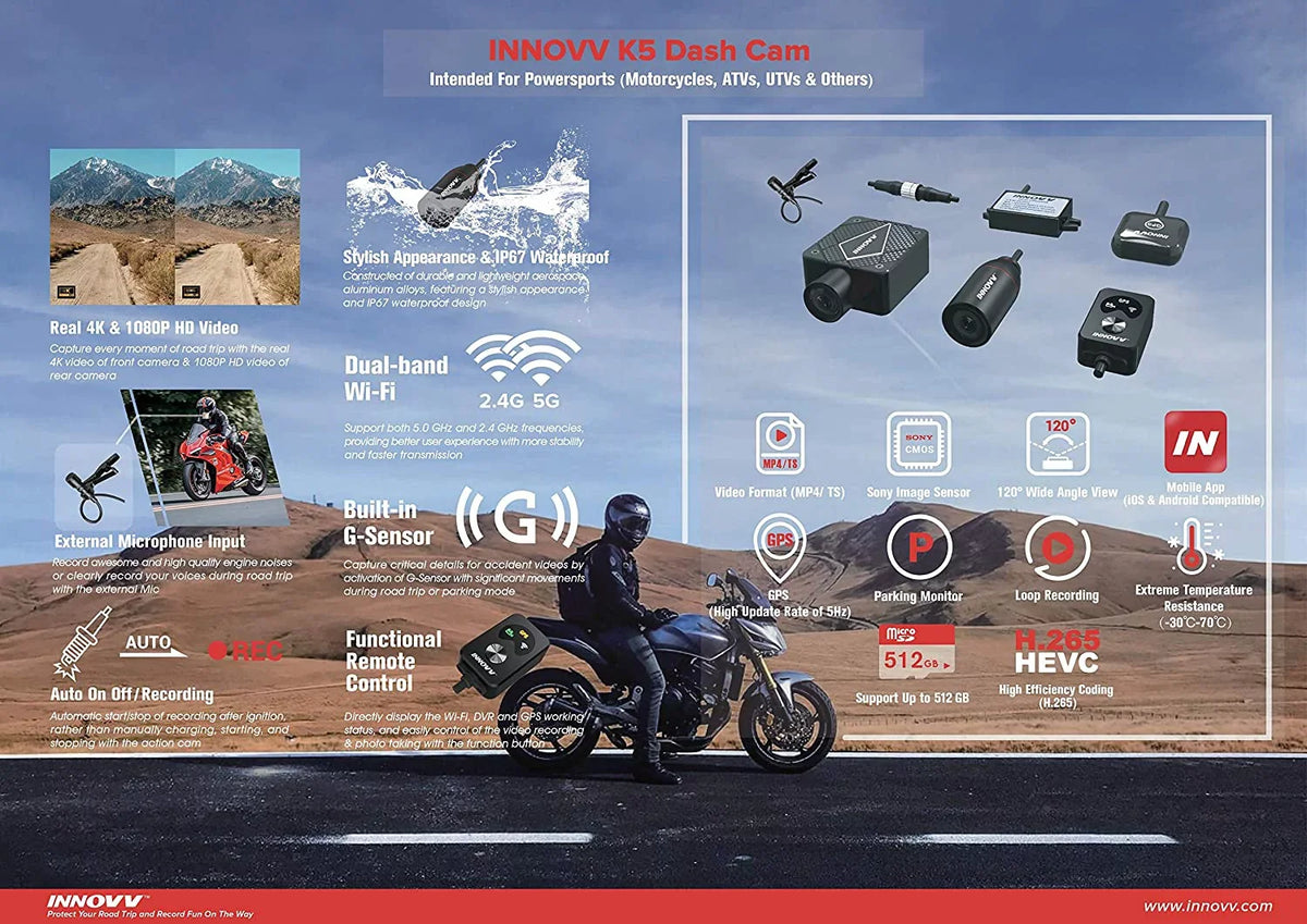 GPS, Motorcyle Motocam Ultra HD Mode INNOVV Dual (32GB) Channel Parking WiFi, 4K and liquid Resolution, Resistance K5 with IP67