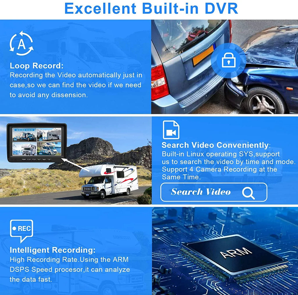 eRapta for Camera Function Waterproof View HD Screens 4 inch Camera 1080P Box RV Quad and Trailer Semi Split Night Truck Rear Side Record 9 IP69 Backup Vision