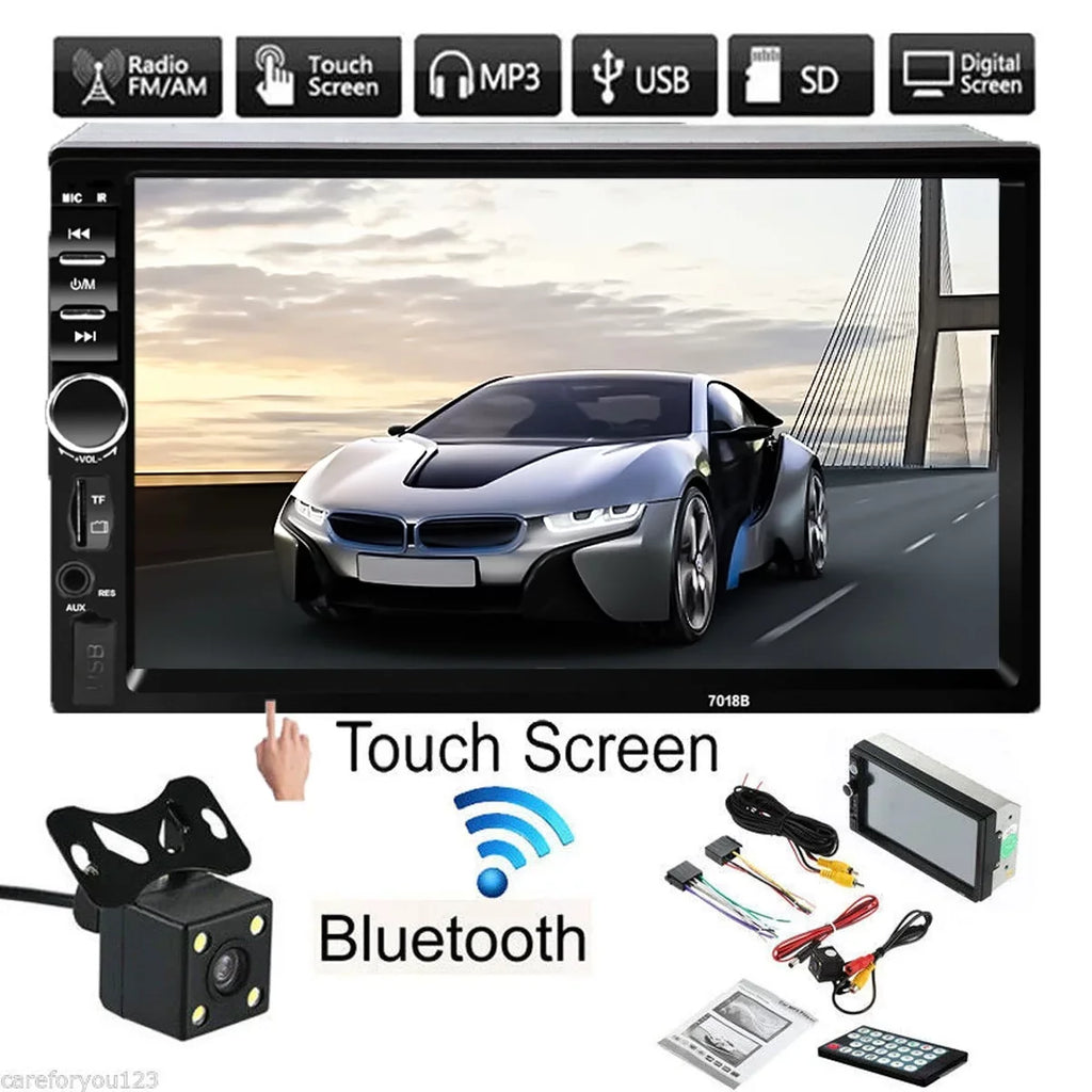 MP3 7" Car Touch Bluetooth Mirror Double Unit Car in-Dash Link/DVR/USB/FM/SD/MIC Screen with Radio LCD Stereo View Control Head +Rear Din Remote Camera& Support