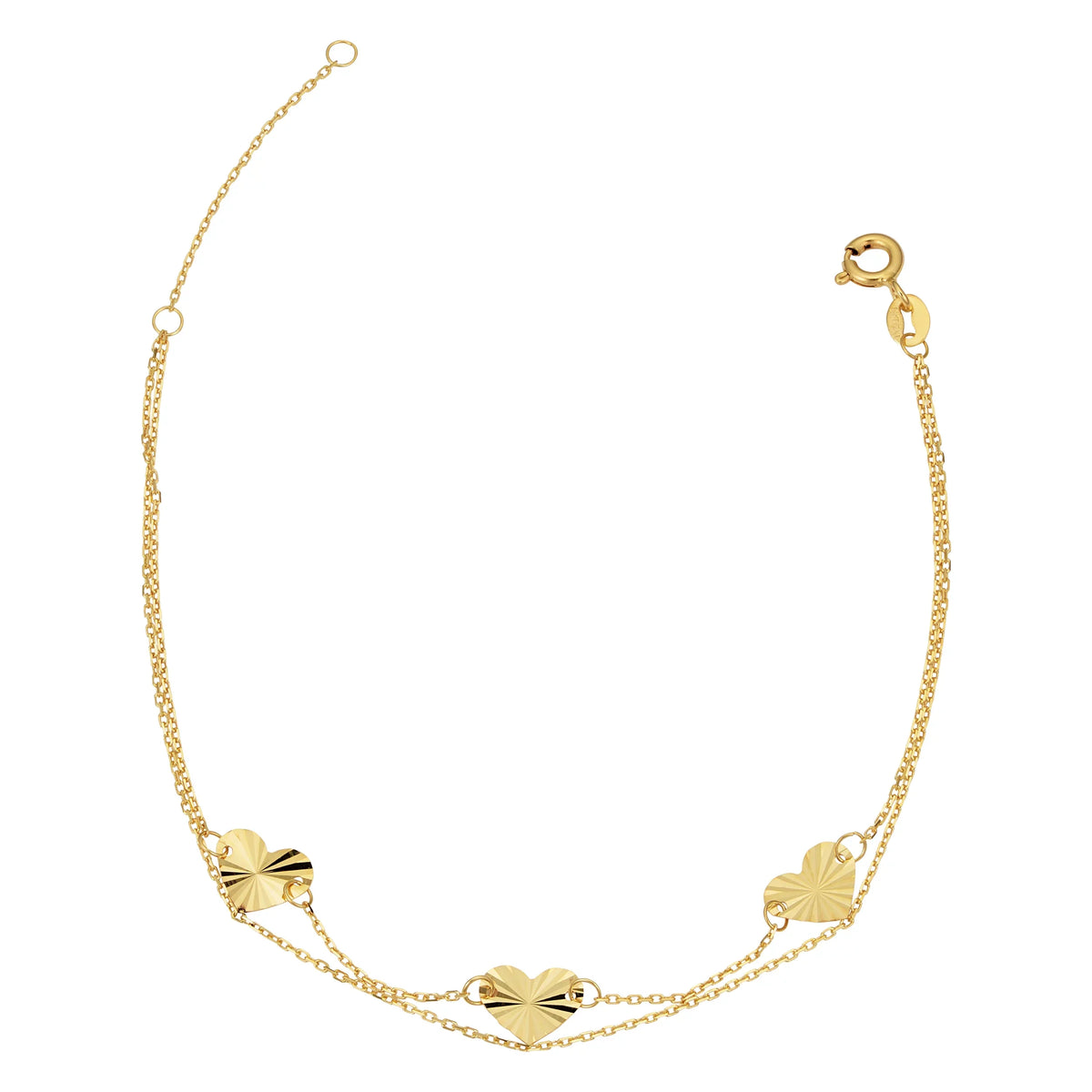14k Strand or 7.5 Gold Double (adjusts Bracelet 6.5 Yellow Diamond-Cut Heart Kooljewelry to inch)