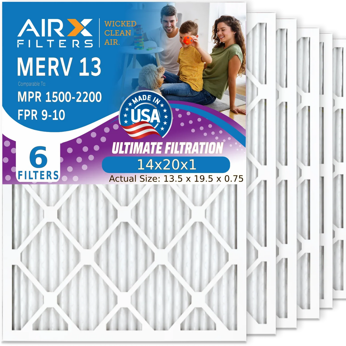 Filters USA Air 14x20x1 HVAC AIRX 13 MERV 1500 Pleated 6 Filter - & by 2200 to FILTERS 14x20x1 FPR MPR AC Filter WICKED Furnace Pack Air Premium Electrostatic AIR. Made Comparable Conditioner 9 CLEAN